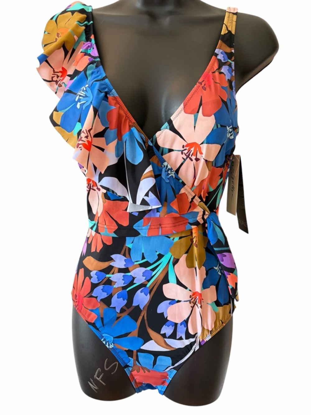Profile By Gottex V-Neck Asymmetrical 1 Piece Swimsuit Ruffle Size 8 NWT